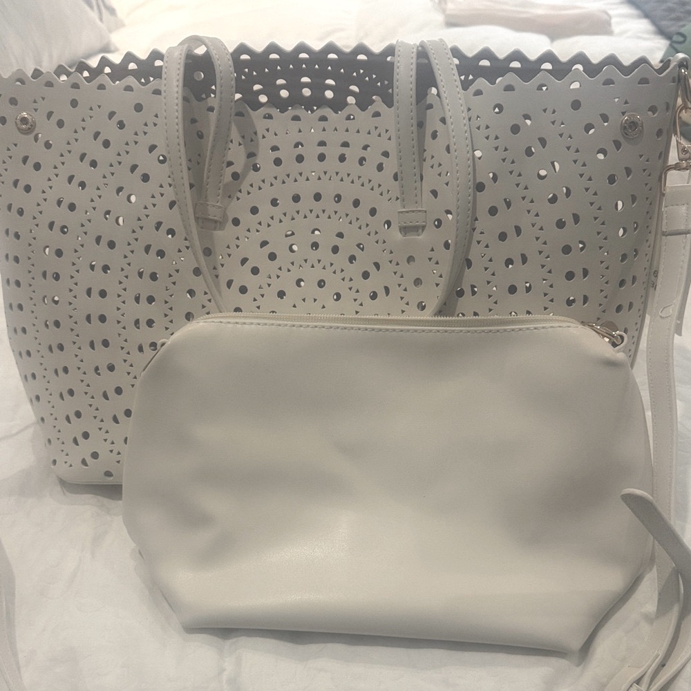 Chic White Perforated Tote and Pouch Set